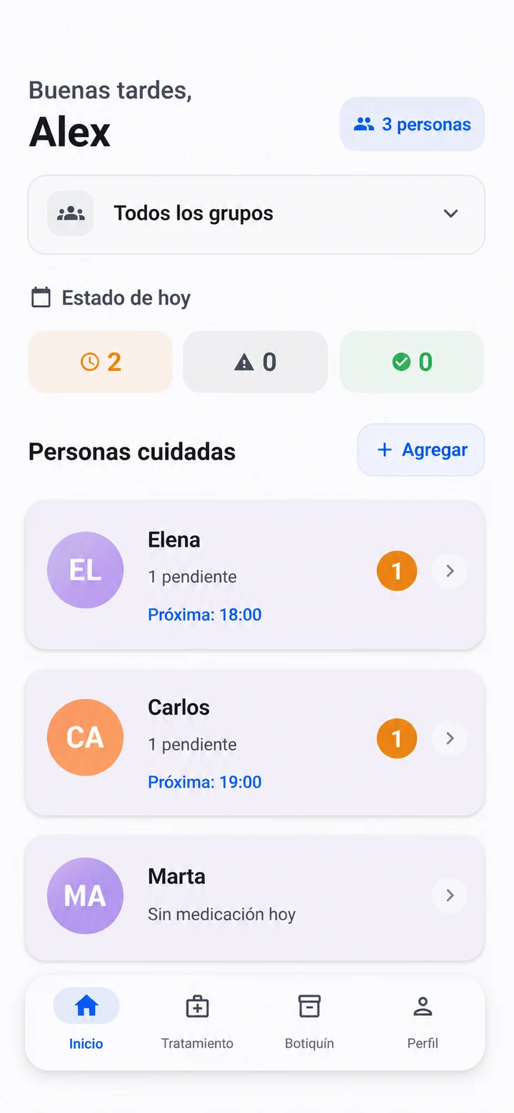 Caregiver view in Blist with fictional data: dose status for three people